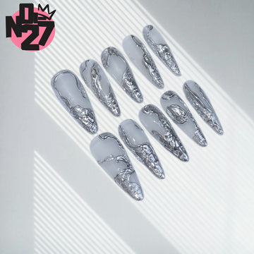 Handmade Irregular 3D Silver Metal Long Almond Press On Nails